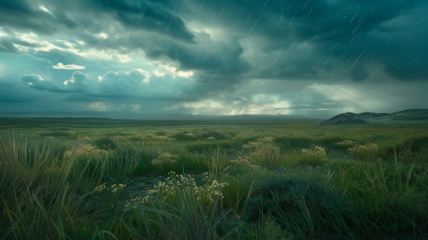 Dark threatening sky over an open field