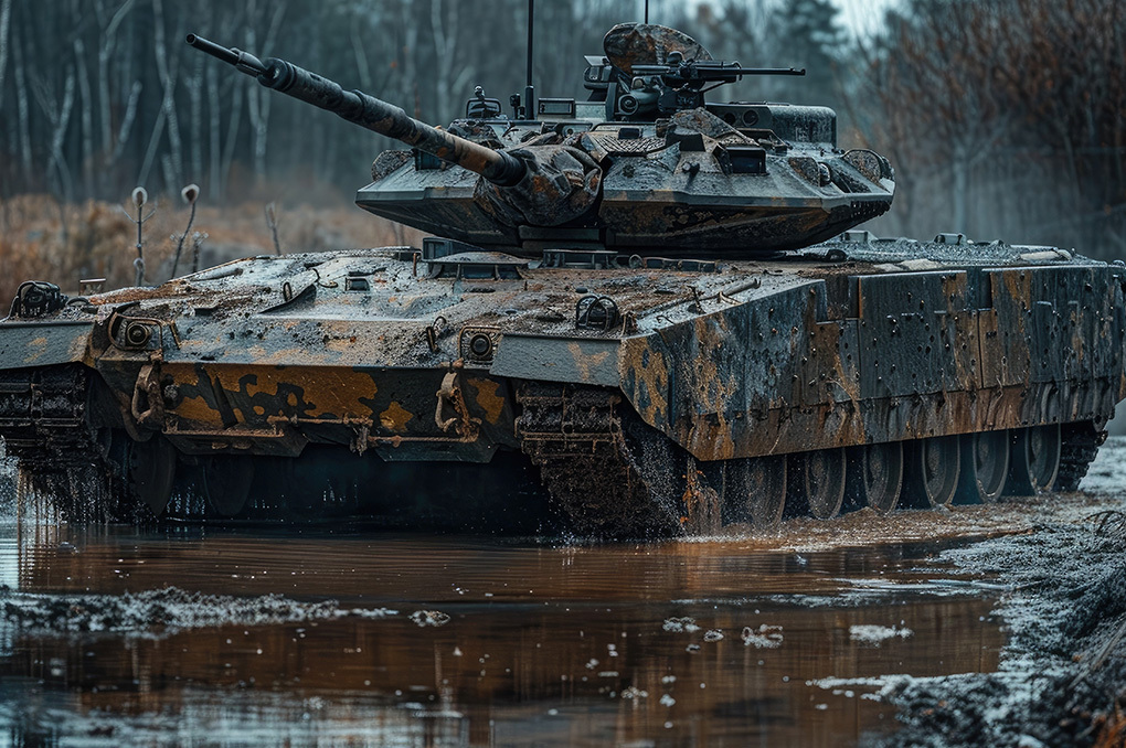 Military tank in the rain in the mud