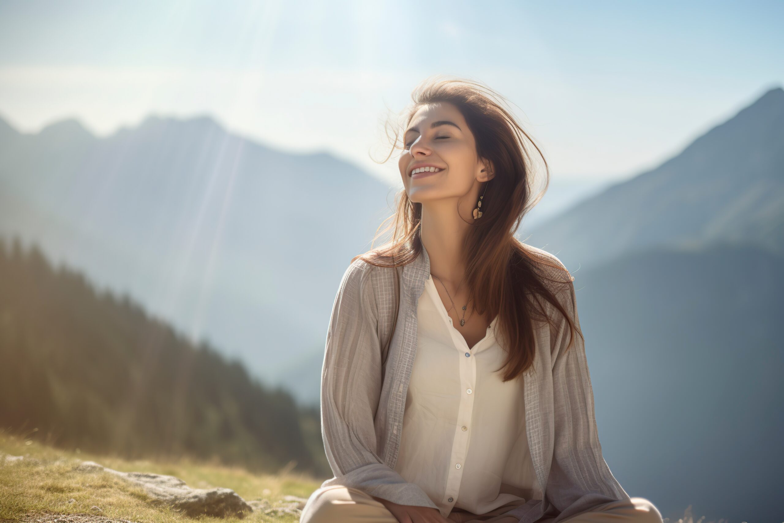 Woman sitting outside feeling the warmth of the sun on her face