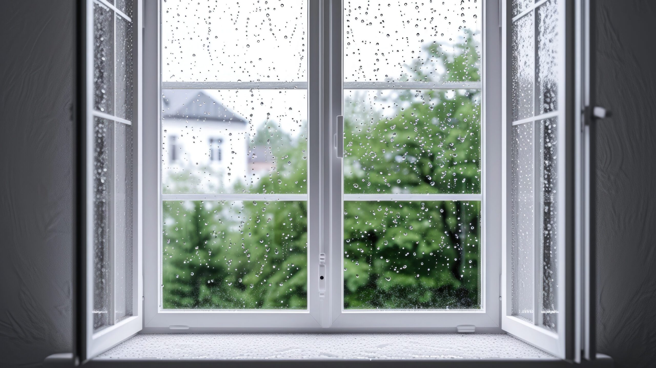 Home window with a view to a rainy day