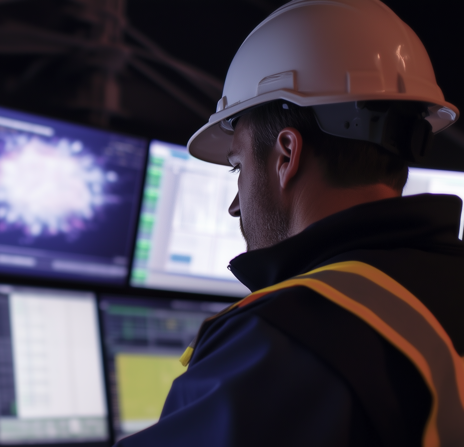 Civic worker looking at weather on screens