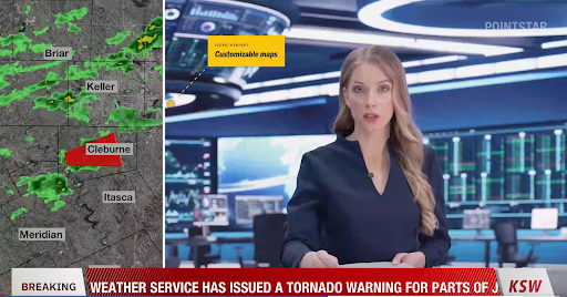 Split screen image of woman at news desk and a weather map