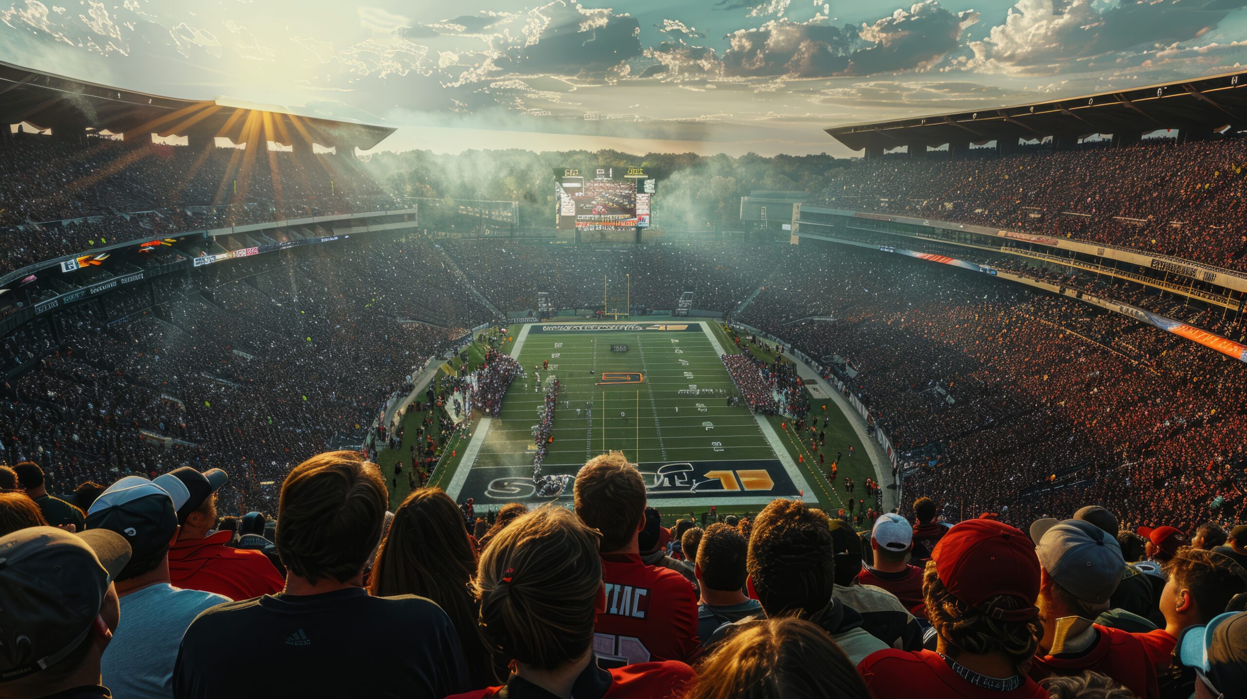 Semi-arial view of a crowded football stadium