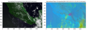 RGB imagery enhances satellite data to highlight atmospheric particulates. Using channels sensitive to volcanic ash (8.4 µm) helps forecasters identify affected areas.