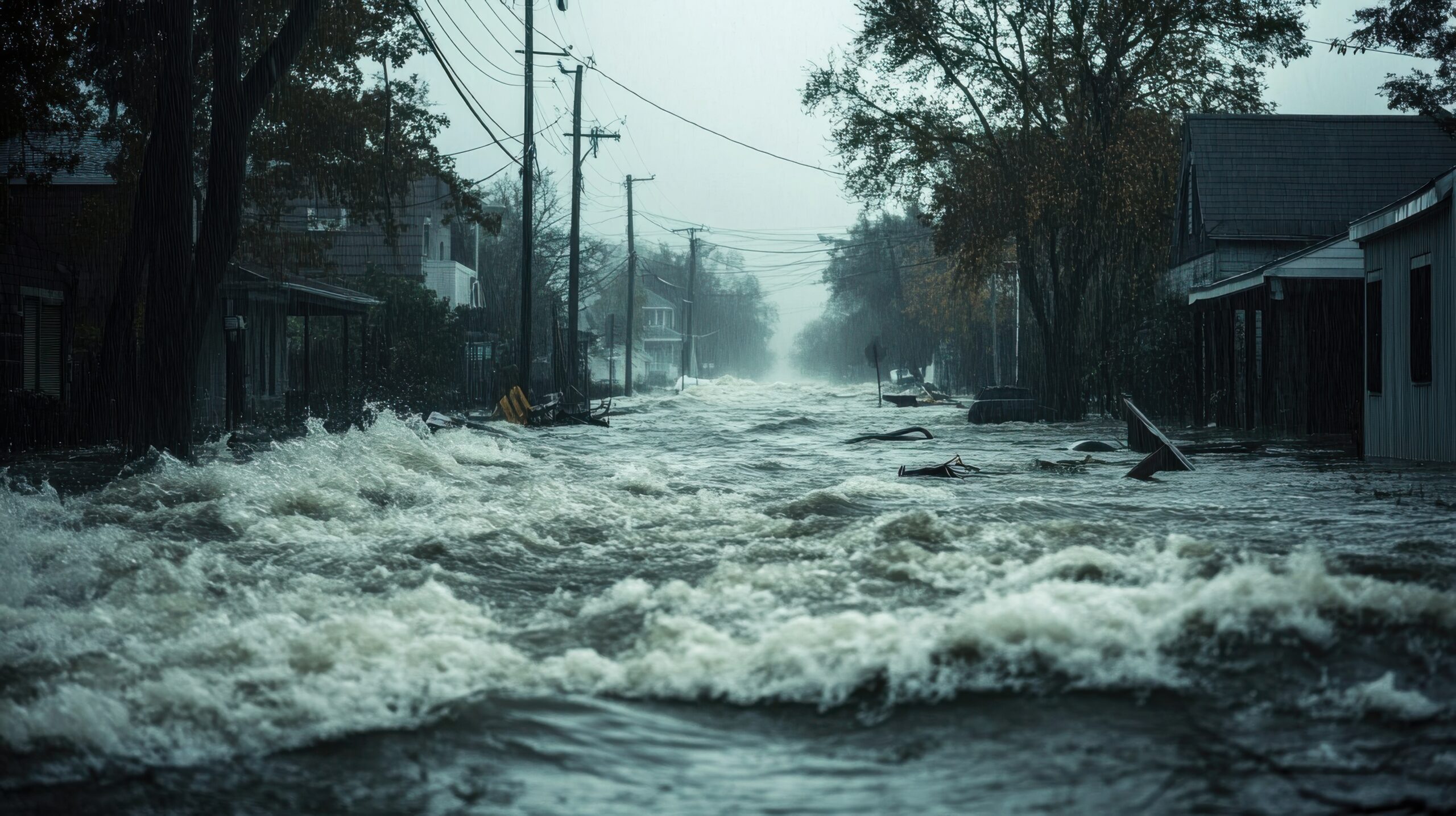 Floodwaters surge through a town, causing destruction and chaos during hurricane