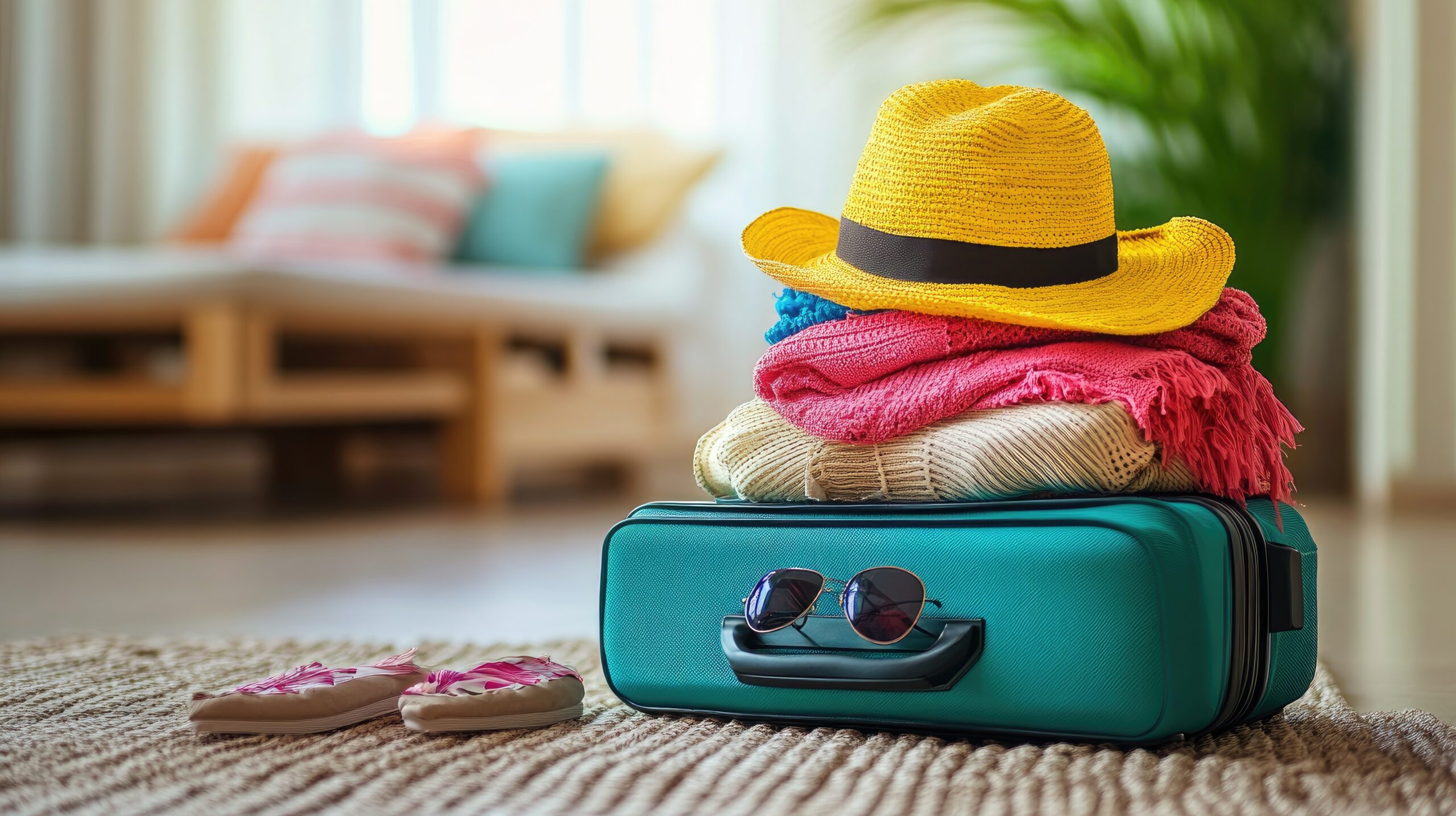 Packed suitcase and clothing accessories ready to be taken on vacation.