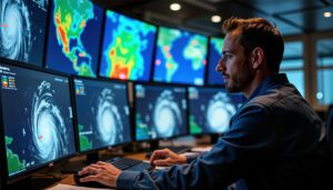 Technologist seated at a desk looking at several computer screens showing weather radar images.