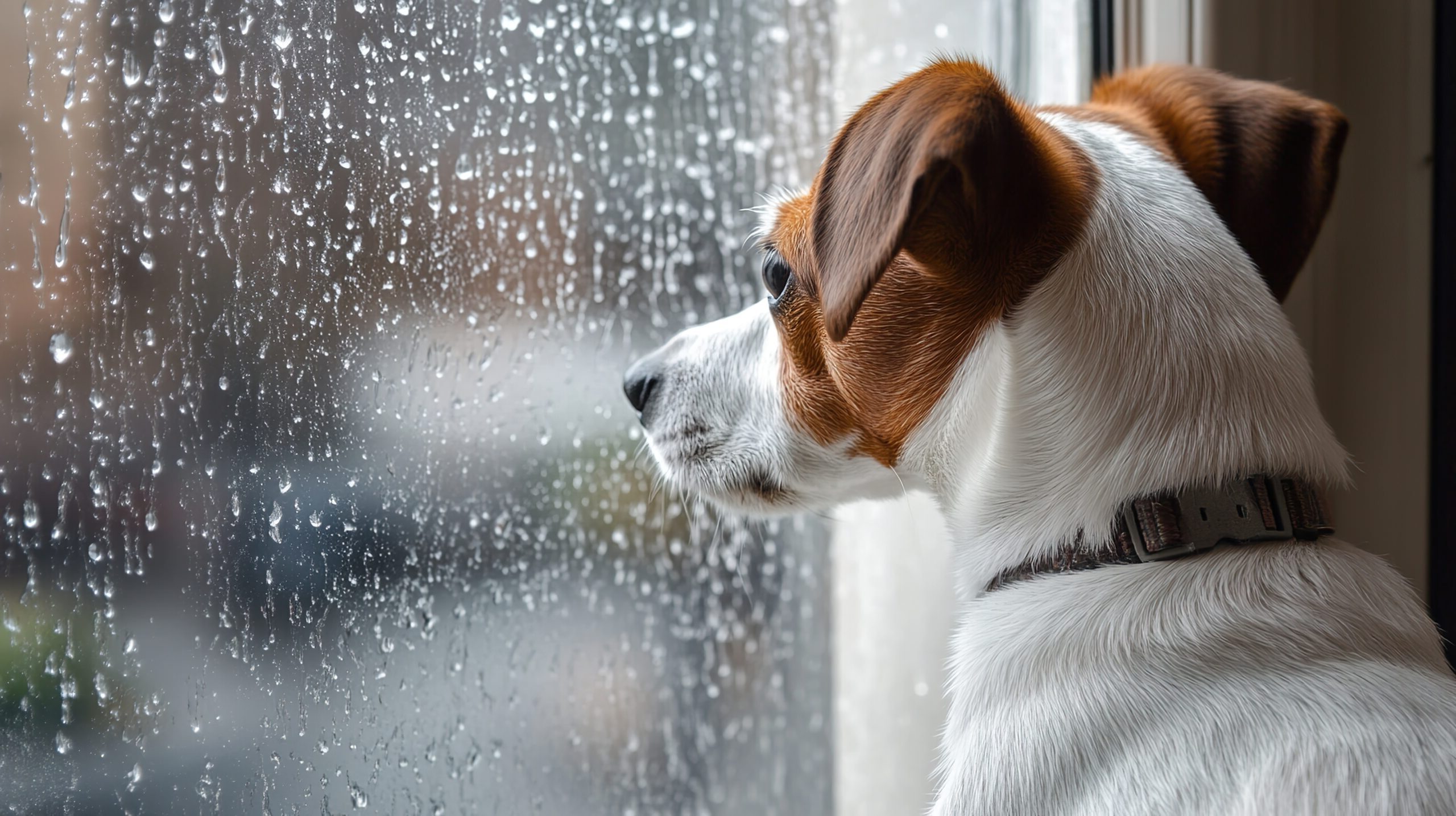 Jack Russell Terrier looking out the window to rainy weather