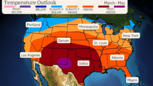 U.S. map showing the temperature outlook for March, April, and May 2025